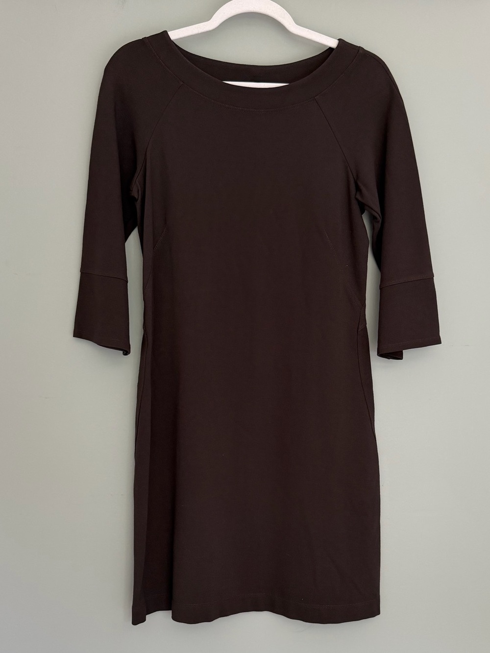 Theory Dark Brown Boat Neck 3/4 Sleeve Classic Shift Dress Minimalist Office